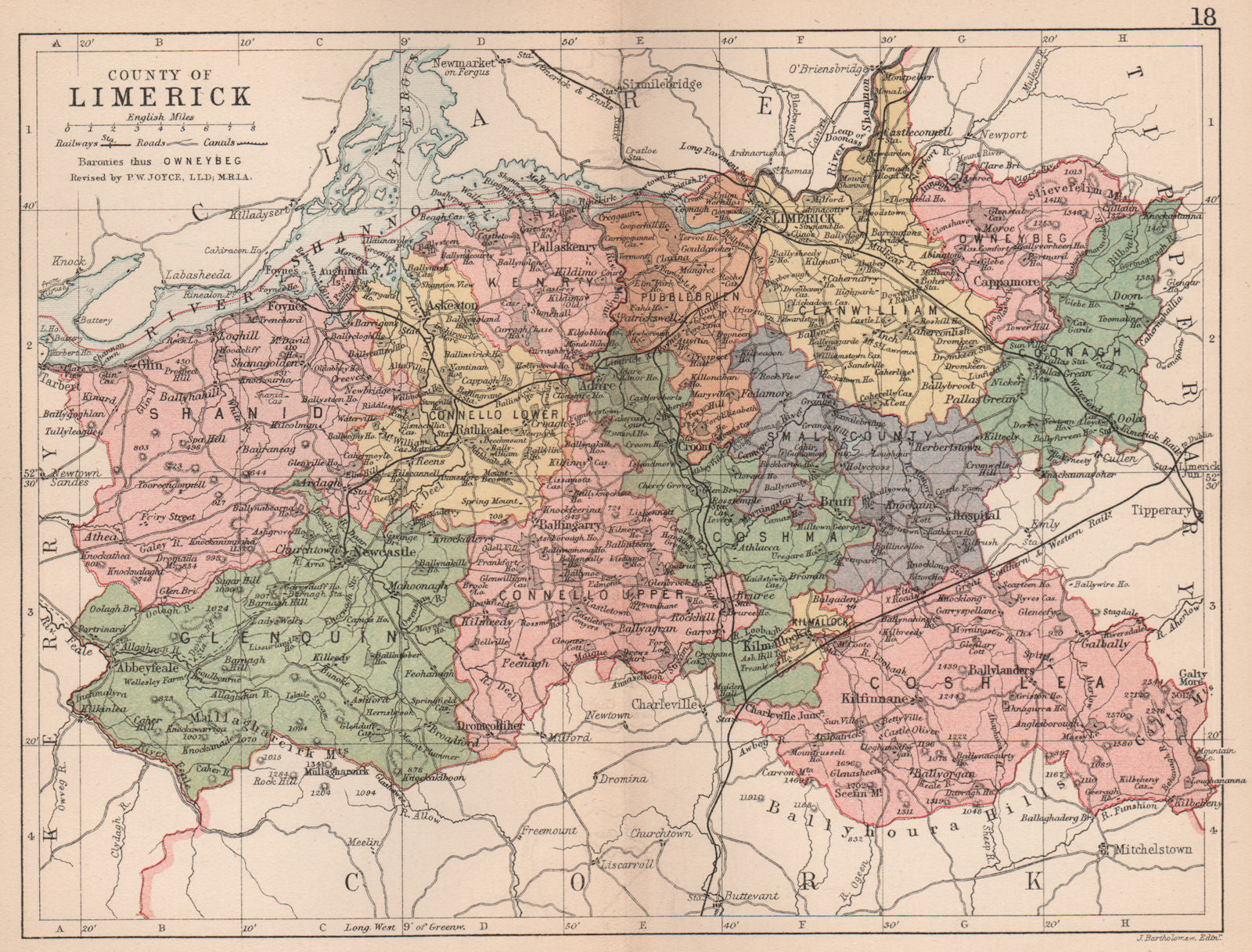 COUNTY LIMERICK. Antique county map. Munster. Ireland. BARTHOLOMEW 1882
